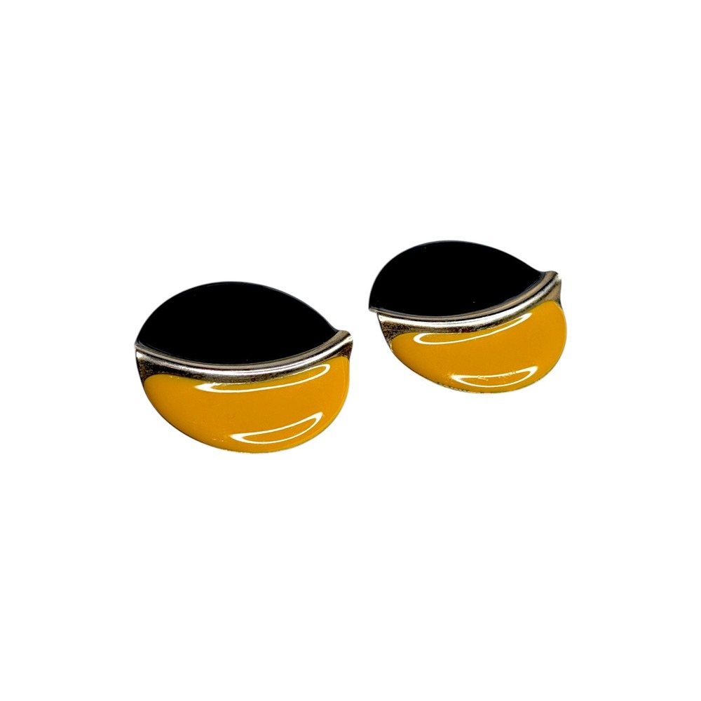 Vintage Black and Mustard Yellow Enamel Round Post Earrings Silver Tone Studs